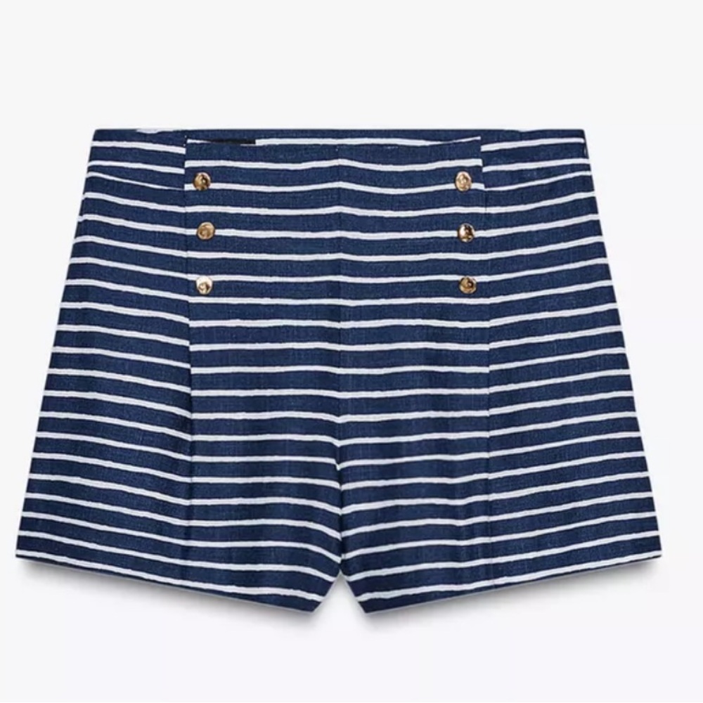 Nwt Zara Navy Striped Women's Shorts LINEN Nautical
